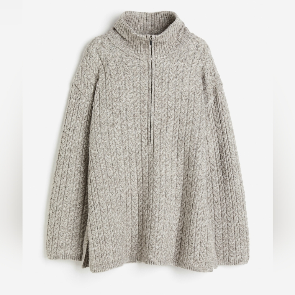 H&M Light Gray Cable Knit Sweater- Zip-top Jumper- Large
